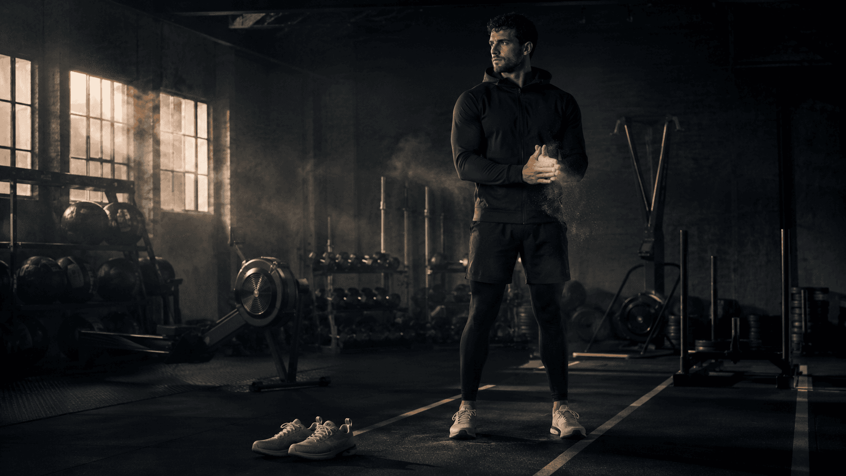 Hybrid athlete preparing for training in a gym before sunrise.